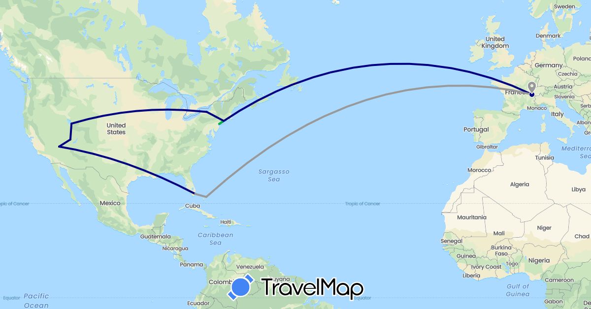 TravelMap itinerary: driving, bus, plane in Bahamas, Switzerland, United States (Europe, North America)